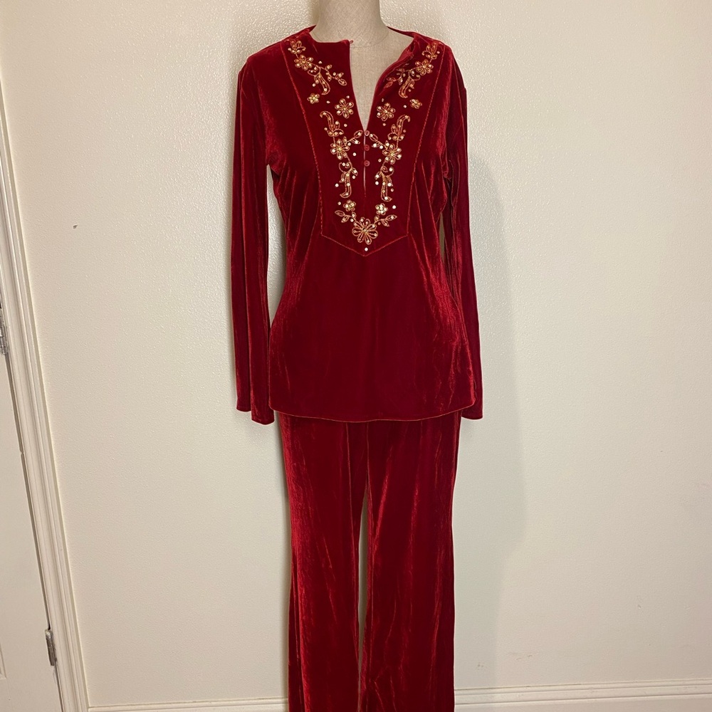 August Silk Red Embroidered Pajama Set